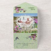 春の花と妖精すべてを1つの赤ちゃんシャワー オールインワン招待状 (外側)