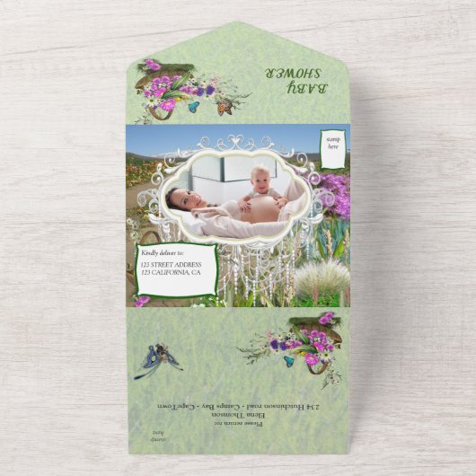 春の花と妖精すべて1つのベビーシャワーAl オールインワン招待状 (外側)