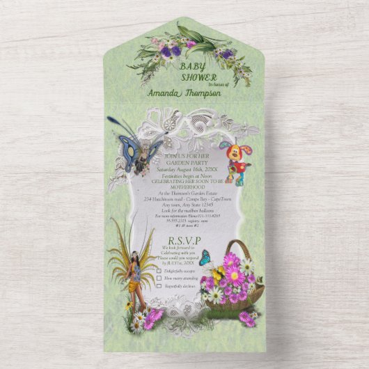 春の花と妖精すべて1つのベビーシャワーAl オールインワン招待状 (内側)