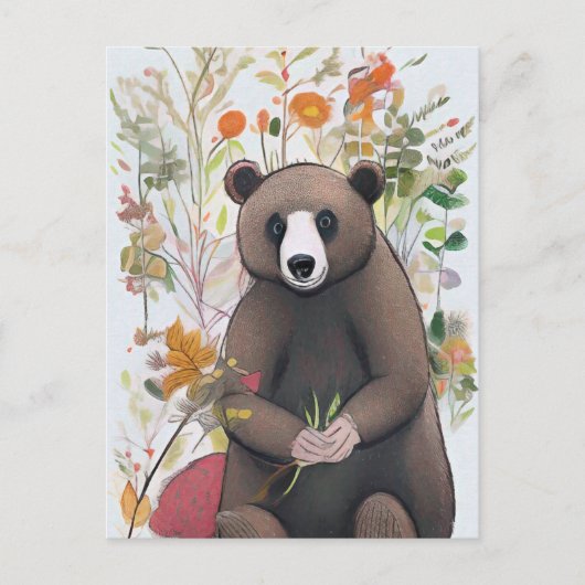 春の花と自然のアートが織りなすかわいい森のクマ ポストカード (正面)
