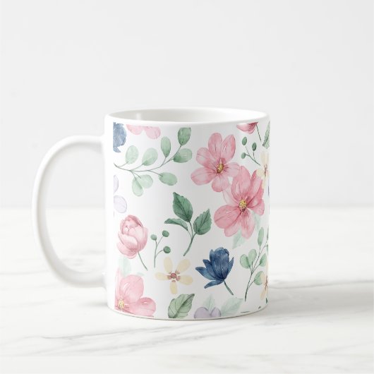 春の花と葉パターン コーヒーマグカップ (左)