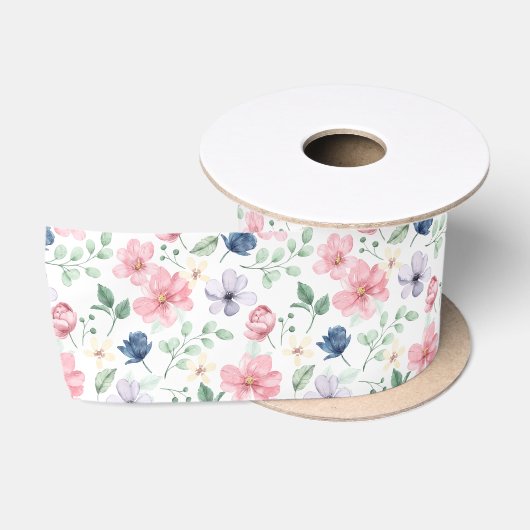 春の花と葉パターン サテンリボン (リール)