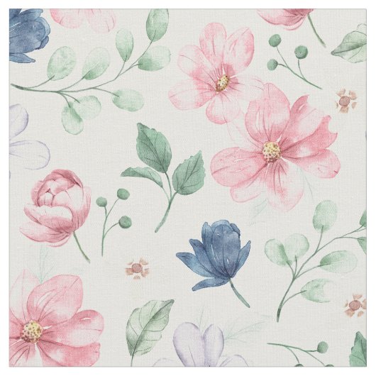 春の花と葉パターン ファブリック (クローズアップ)