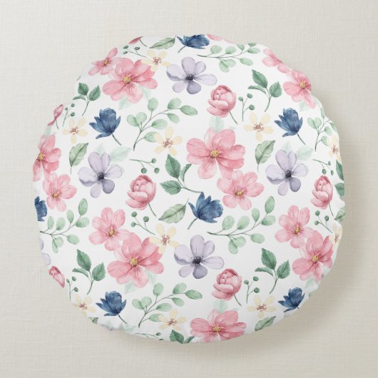 春の花と葉パターン ラウンドクッション (正面)
