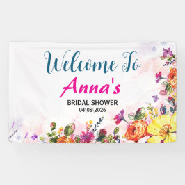 春の花と蝶の庭での花嫁のシャワー 横断幕