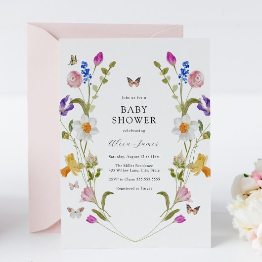 春の花と蝶の赤ちゃんシャワー 招待状