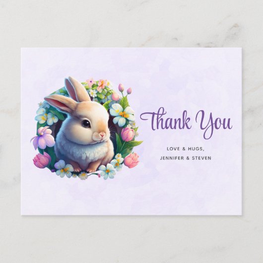 春の花と赤ちゃんウサギの感謝カード ポストカード (正面)