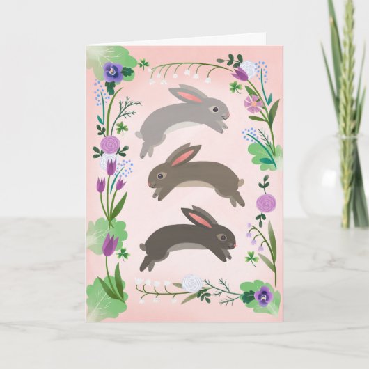 春の花と跳躍するウサギ | カード (正面)