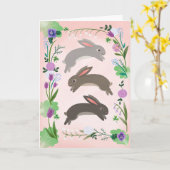 春の花と跳躍するウサギ | カード (黄色い花)