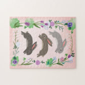 春の花と跳躍するウサギ | ジグソーパズル (横)