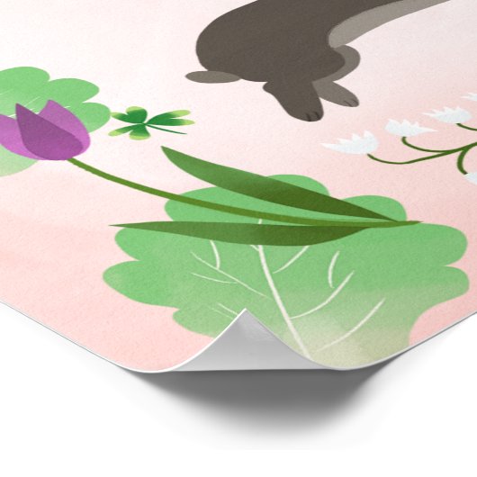 春の花と跳躍するウサギ | ポスター (角)