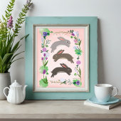 春の花と跳躍するウサギ | ポスター