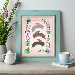 春の花と跳躍するウサギ | ポスター