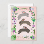 春の花と跳躍するウサギ | ポストカード (正面/裏面)