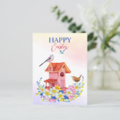 春の花と鳥の鳥の家ハッピーイースター ポストカード (スタンド正面)