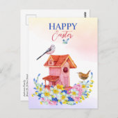 春の花と鳥の鳥の家ハッピーイースター ポストカード (正面/裏面)