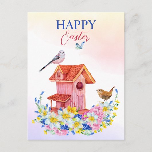 春の花と鳥の鳥の家ハッピーイースター ポストカード (正面)
