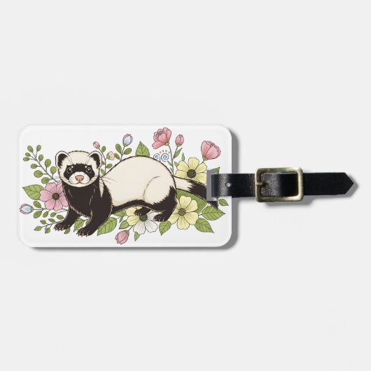 春の花に囲まれたかわいいフェレット ラゲッジタグ (正面横)