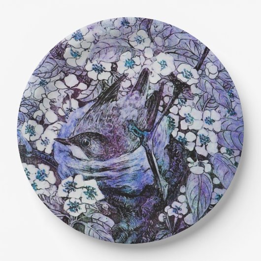 春の花に囲まれた鳥の巣 , 白, 青 ペーパープレート (正面)