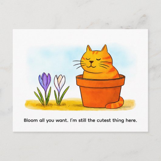 春の花に座るかわいいキャラクター猫 ポストカード (正面)