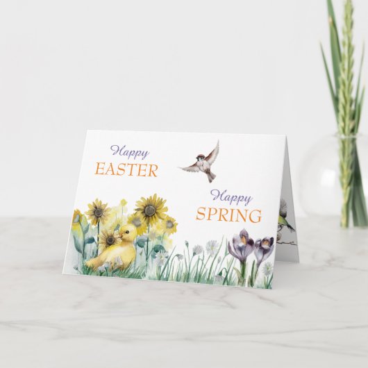 春の花のアヒルと鳥のイースターカード シーズンカード (正面)