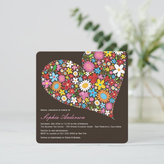 春の花のハートのブライダルシャワーの昼食会の招待 招待状 (スタンド正面)
