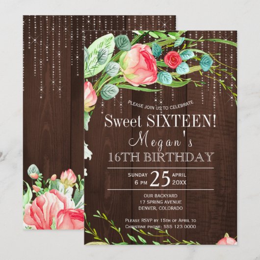 春の花のバラのブッシュ ローズ バーンワッド スウィート16 招待状 (正面/裏面)