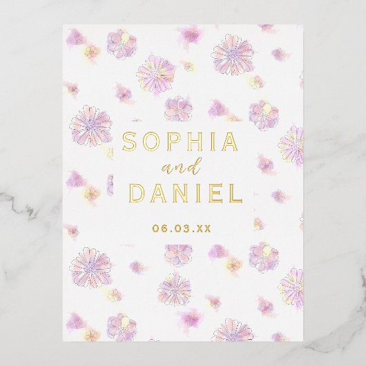 春の花のパーソナライズされた水結婚色 箔招待状ポストカード (正面)