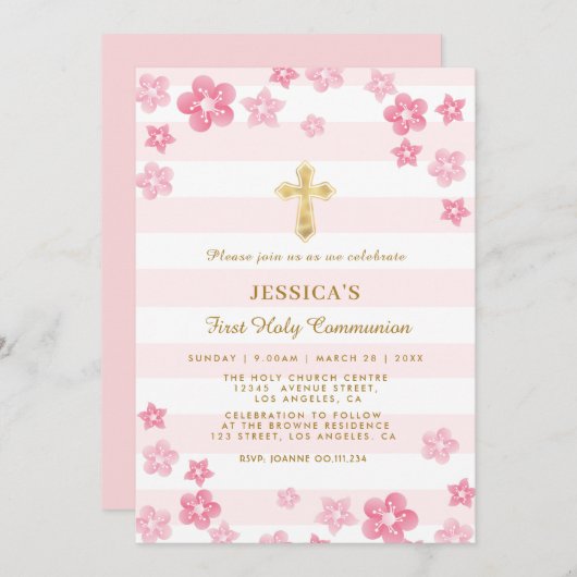 春の花のファーストホーリーコミュニオン招待カード 招待状 (正面/裏面)