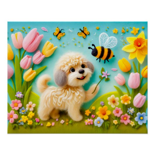春の花のフェルト犬 ポスター (正面)