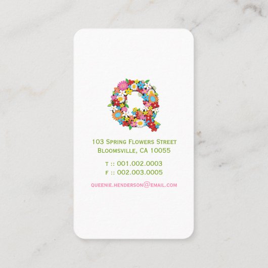 春の花の庭"Q"のモノグラムのプロフィールカード 名刺 (裏面)