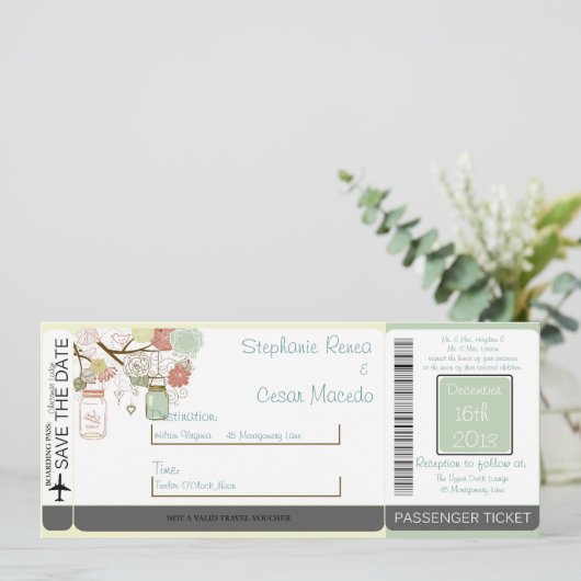 春の花の搭乗券の結婚式招待状 セーブザデート (スタンド正面)