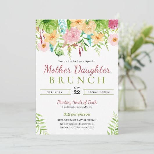 春の花の母と娘の教会でのブランチ 招待状 (スタンド正面)