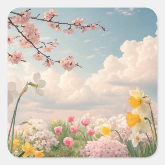 春の花の背景 スクエアシール (正面)