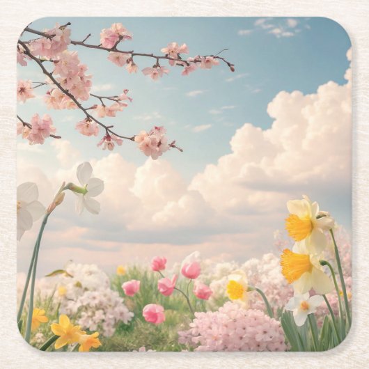 春の花の背景 スクエアペーパーコースター (正面)