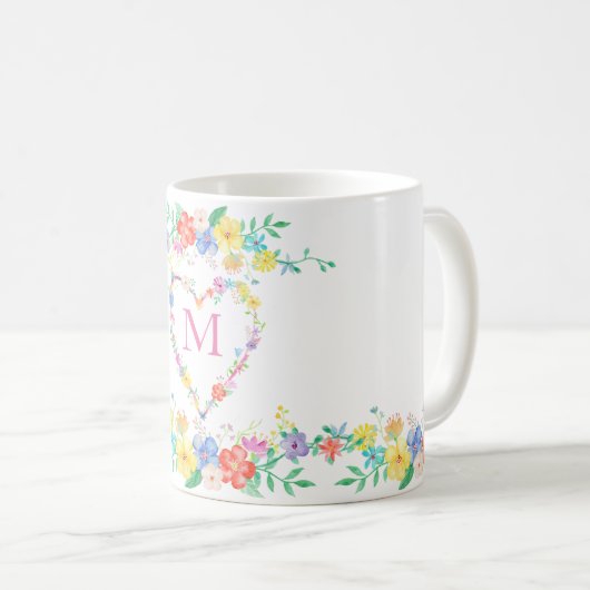春の花の花柄のイニシャルのモノグラムの水彩画 コーヒーマグカップ (正面右)
