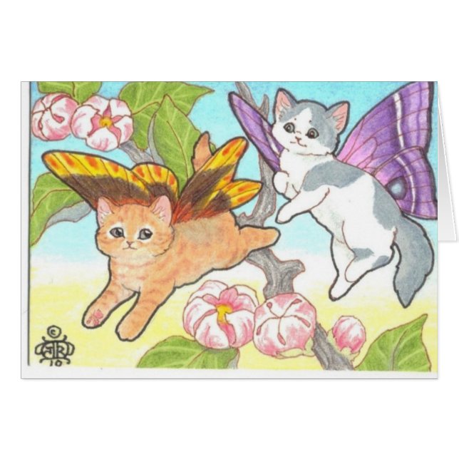 春の花の近くで空のラベルを遊ぶCatterflies (正面横)