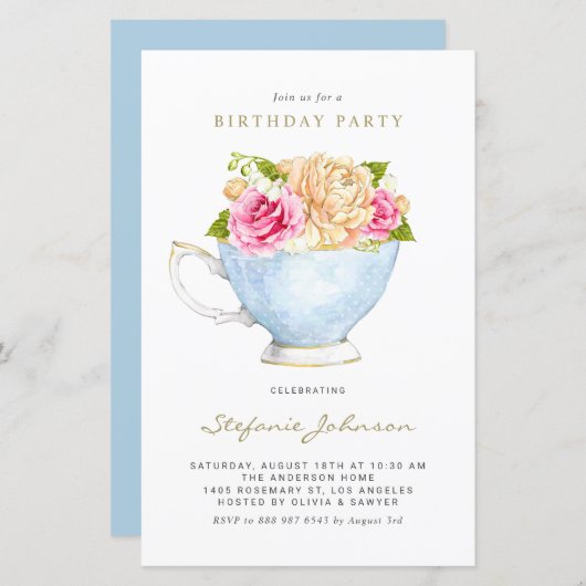春の花のTeacup Birthday Partyへの招待 (正面/裏面)