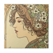 春の花を添えたセレーンな女性の肖像 タイル (正面)