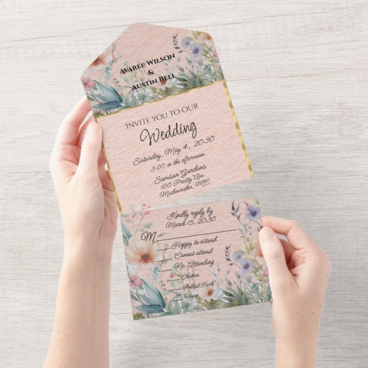 春の花インピーチブルーとピンク オールインワン招待状 (貼ってはがせる)
