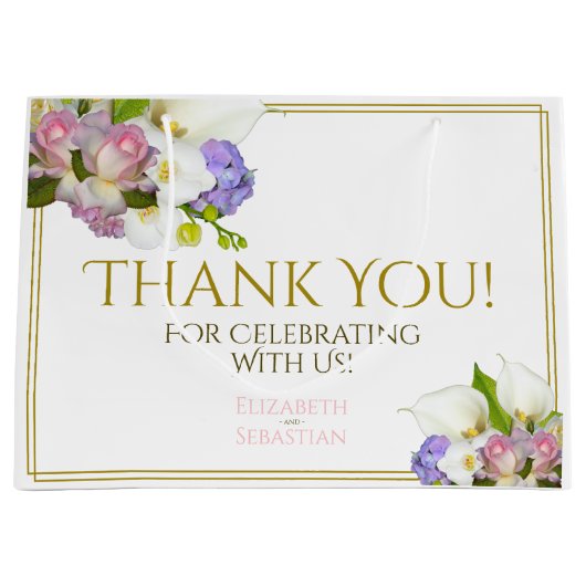 春の花エレガントシックピンク&金ゴールド結婚ズ ラージペーパーバッグ (正面)