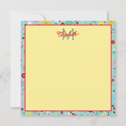 春の花オンアクアブルーモノグラム ノートカード (正面)