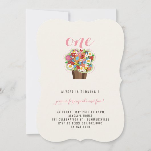 春の花カップケーキ1st誕生日パーティー招待状 招待状 (正面)