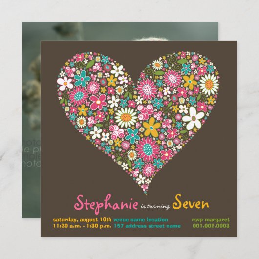 春の花カラフルハートラブ誕生日招待状 招待状 (正面/裏面)