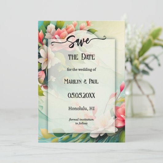 春の花カラフルレトロ写真の保存日付 セーブザデート (スタンド正面)