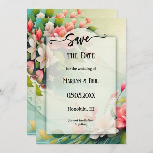 春の花カラフルレトロ写真の保存日付 セーブザデート (正面/裏面)