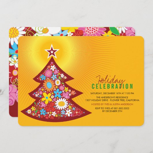 春の花クリスマスツリーホリデーパーティー招待状 招待状 (正面/裏面)