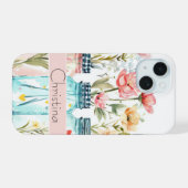 春の花デザインと名前 iPhone 15ケース (裏面横)
