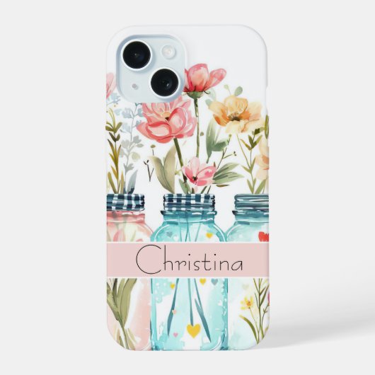 春の花デザインと名前 iPhone 15ケース (裏面)
