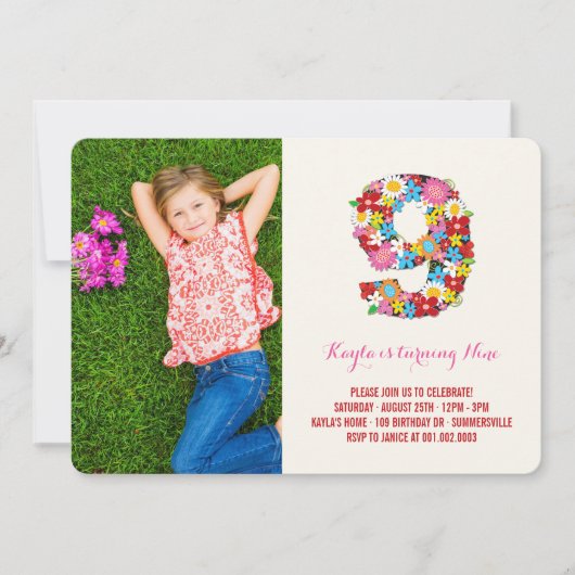 春の花ナインガール9th誕生日フォト招待状 招待状 (正面)